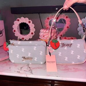 Juicy Couture Light Blue Monogram Shoulder Bag & Wristlet Set with Red Accents